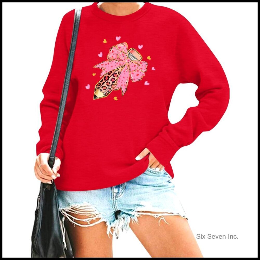 Valentines Teacher Sweatshirt Women Bow Pencil Graphic Long Sleeve Pullover